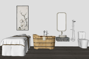  新中式美容spa按摩房家具用品，木桶浴，浴缸，按摩床，洗手台-0