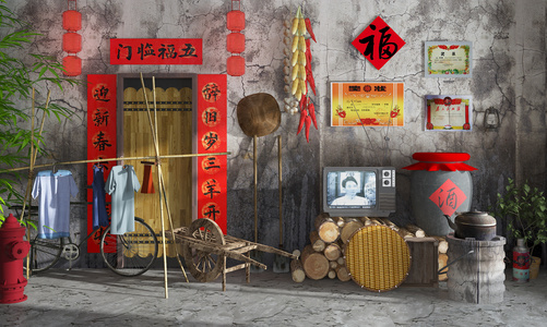 乡村复古电视机推车，衣架农具组合