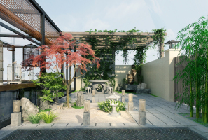 15新中式景觀庭院，石桌椅，廊架