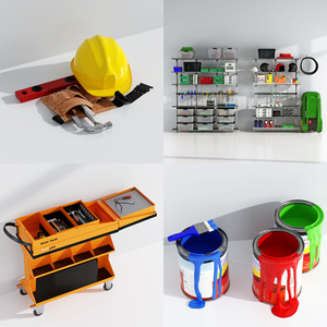 现代扳手螺丝刀工具推车，油漆桶，工具