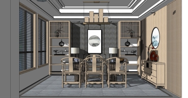 新中式茶室，茶桌椅，装饰柜，书柜玄关柜，中式圈椅