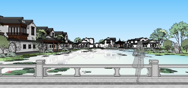 中式古建园林建筑外观公园花园荷花池，凉亭连廊廊架 (1)