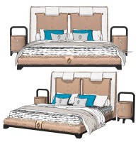 新中式現代布藝雙人床，床頭柜組合