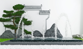 新中式景观水景园林造景,石头喷泉马头墙