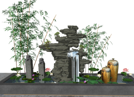 新中式荷花池園藝小品，竹子，石頭假山，拴馬樁，石獅子，水池