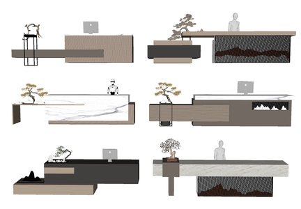 现代新中式接待台服务台，前台松树盆景