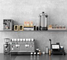 现代咖啡机，咖啡豆，收银机