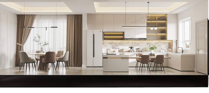 现代餐厅厨房，圆形餐桌椅