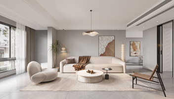 现代客厅沙发单人沙发，窗帘地毯