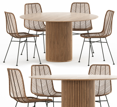 现代藤编编织圆形餐桌椅组合3d模型下载