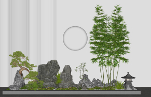 新中式庭院景观小品,石头竹子，松树