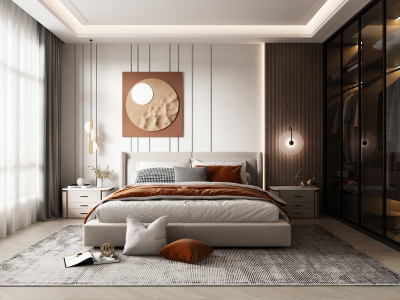 现代轻奢卧室，双人床，玻璃衣柜，床头柜3d模型下载