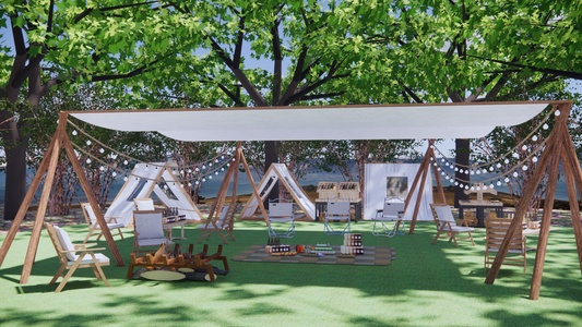 现代露营公园景观 天幕帐篷营地 露天火盆烧烤 星空夜灯野餐 草坪聚会