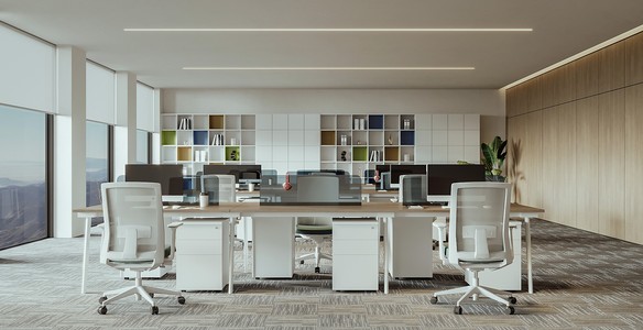 现代办公区，办公室员工工位