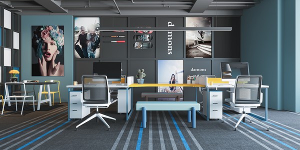 现代办公区，员工工位办公桌卡位