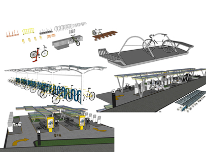 现代玻璃钢架自行车架车棚su模型