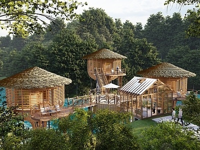 现代树屋，民宿建筑，乡村度假SU模型