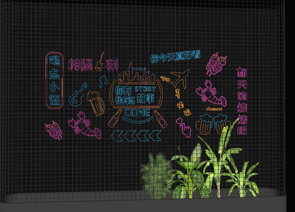 现代烧烤店霓虹灯,装饰灯SU模型