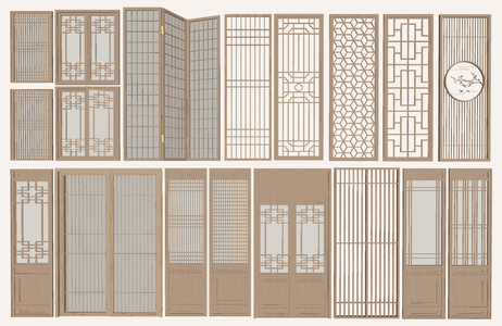 新中式门板 花格窗 屏风 隔断su模型