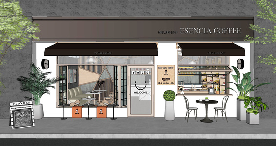 现代咖啡店门头门面SU模型