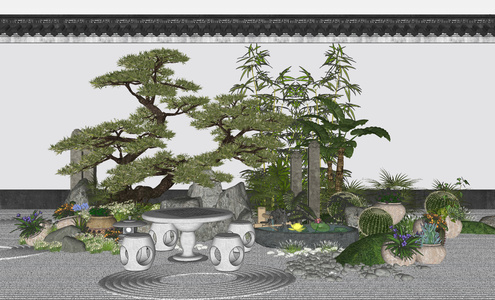 石凳石桌,中式庭院景观小品，石桌椅，水景，栓马庄，院墙