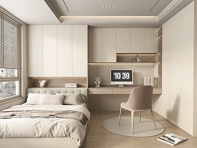 现代奶油风榻榻米卧室SU模型