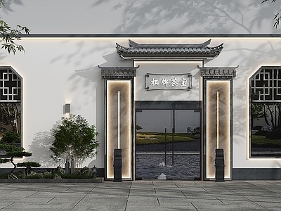 新中式棋牌室门头门面SU模型