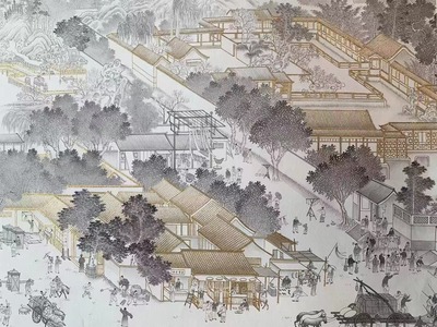 新中式清明上河图彩绘壁纸工笔画- (5)