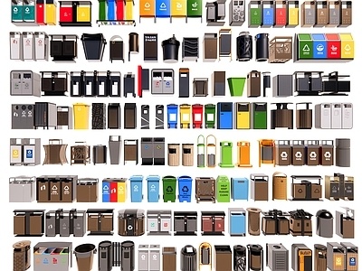 现代垃圾桶，户外垃圾桶组合SU模型