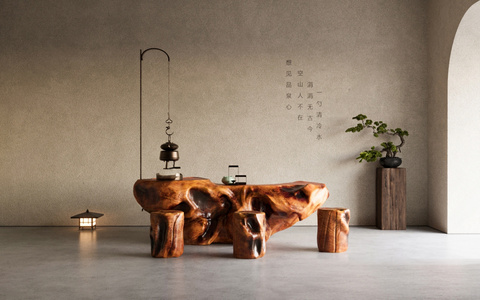  -侘寂茶桌椅组合_根雕_茶台_松树 