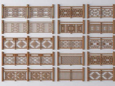 新中式实木栏杆，防护栏SU模型