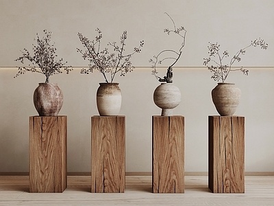 侘寂花瓶花艺，陶罐SU模型