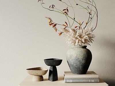 侘寂花瓶花艺，陶瓷罐子，饰品摆件SU模型