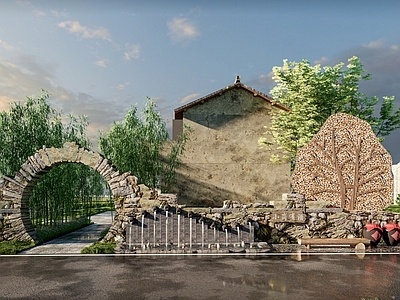 中式乡村景墙SU模型