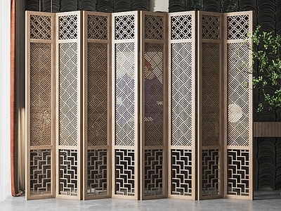 新中式花格屏风隔断SU模型
