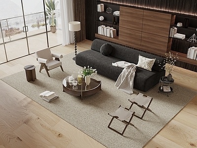 现代中古风沙发茶几组合SU模型