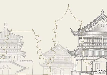 新中式建筑线条背景壁纸 壁布 壁画 软包墙面 屏风画 (1)