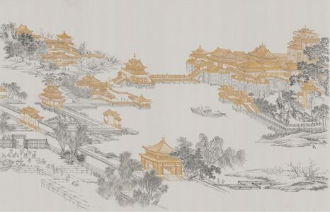 新中式建筑线条背景壁纸 壁布 壁画 软包墙面 屏风画 (4)