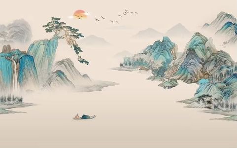 新中式山脉图案山水背景壁纸壁画壁布屏风画贴图 (26)