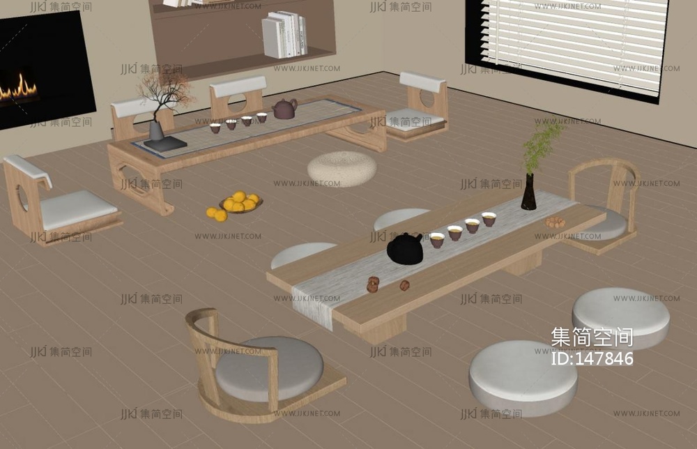日式茶桌椅组合SU模型