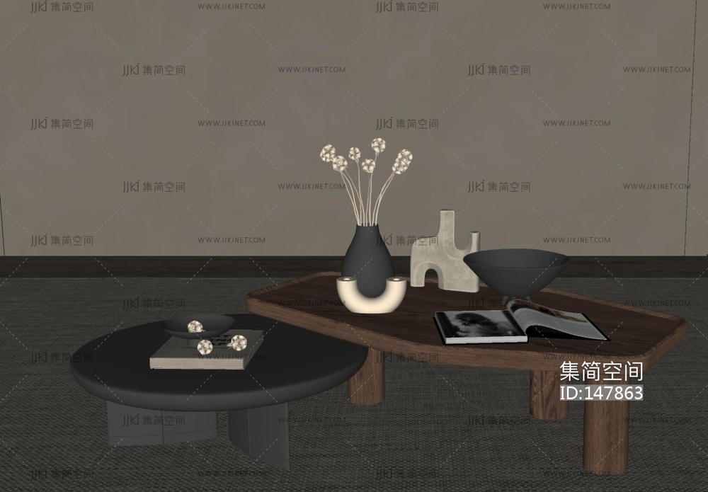 新中式茶几,子母几SU模型