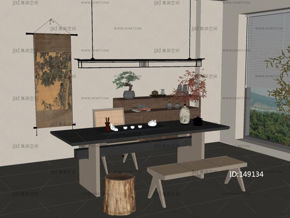 中古风茶桌椅组合_茶台_家具_水柜_流水茶桌椅SU模型