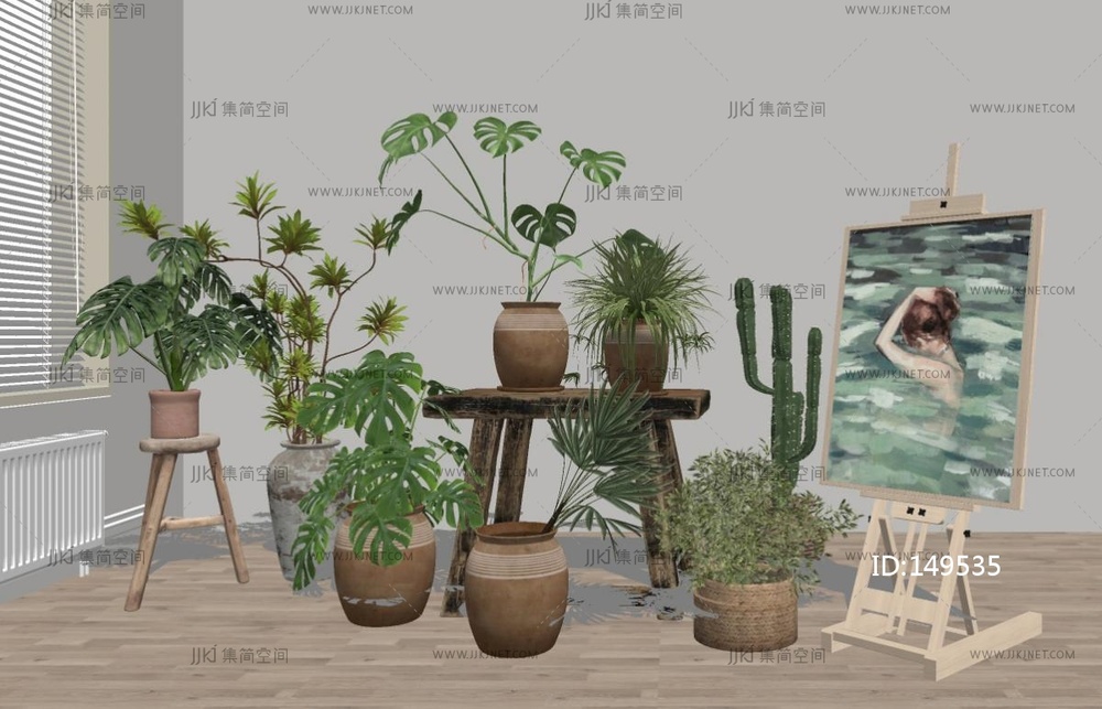 现代盆栽组合SU模型