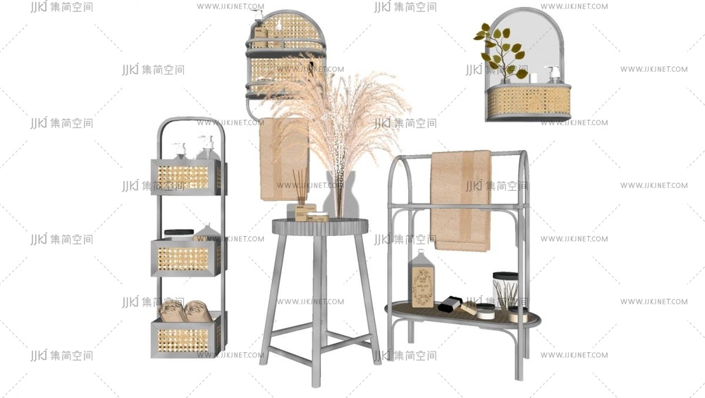 16-北欧 卫浴小件 洗浴用品组合 浴室配件 化妆品 蜡烛 凳子 毛巾 篮子 镜子 花瓶 肥皂su模型