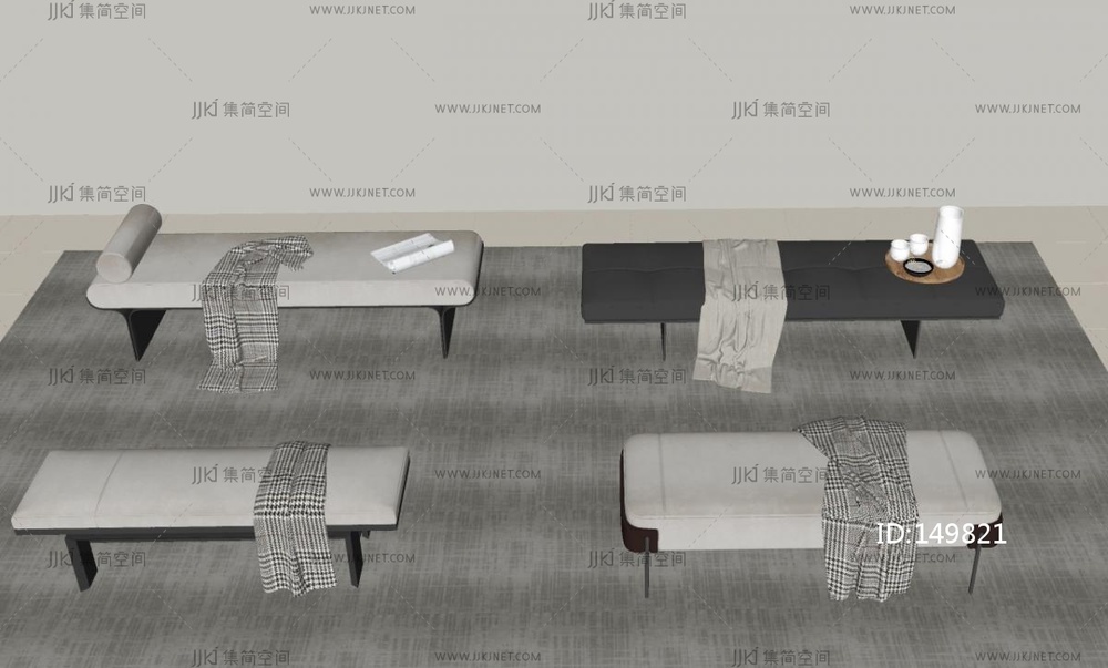 现代意式床尾凳_床尾凳组合_沙发凳_皮革床尾凳_布艺床尾凳_长条凳SU模型