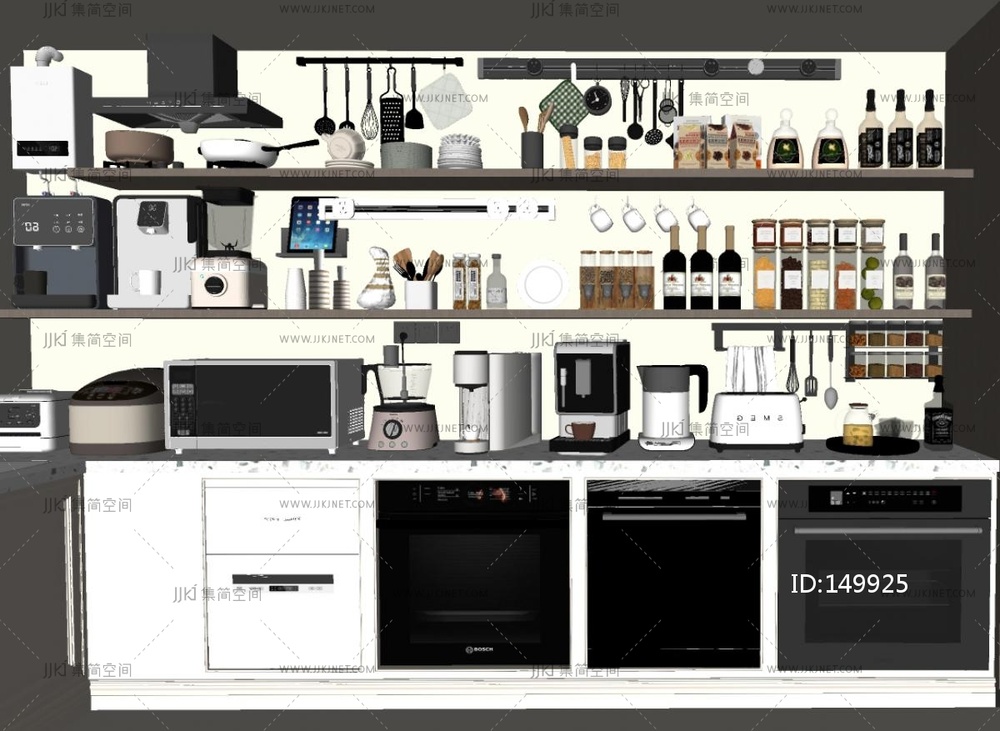 厨房用品组合_厨房电器_洗碗机_微波炉烤箱_饮水机_咖啡机SU模型
