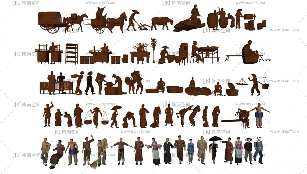 17-中式景观雕塑_铜人雕塑_古代人物雕塑小品_农耕人物雕塑_商业街铸铜雕塑_民俗文化人物雕像su模型