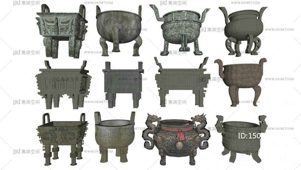 18-中式其他景观小品_鼎_青铜鼎方鼎圆鼎_三角鼎黄铜鼎_香炉青铜器_铜炉祭祀佛龛su模型