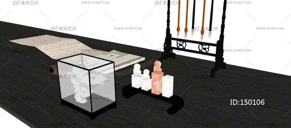 现代新中式摆件组合_新中式书房组合摆_玉石书法章SU模型