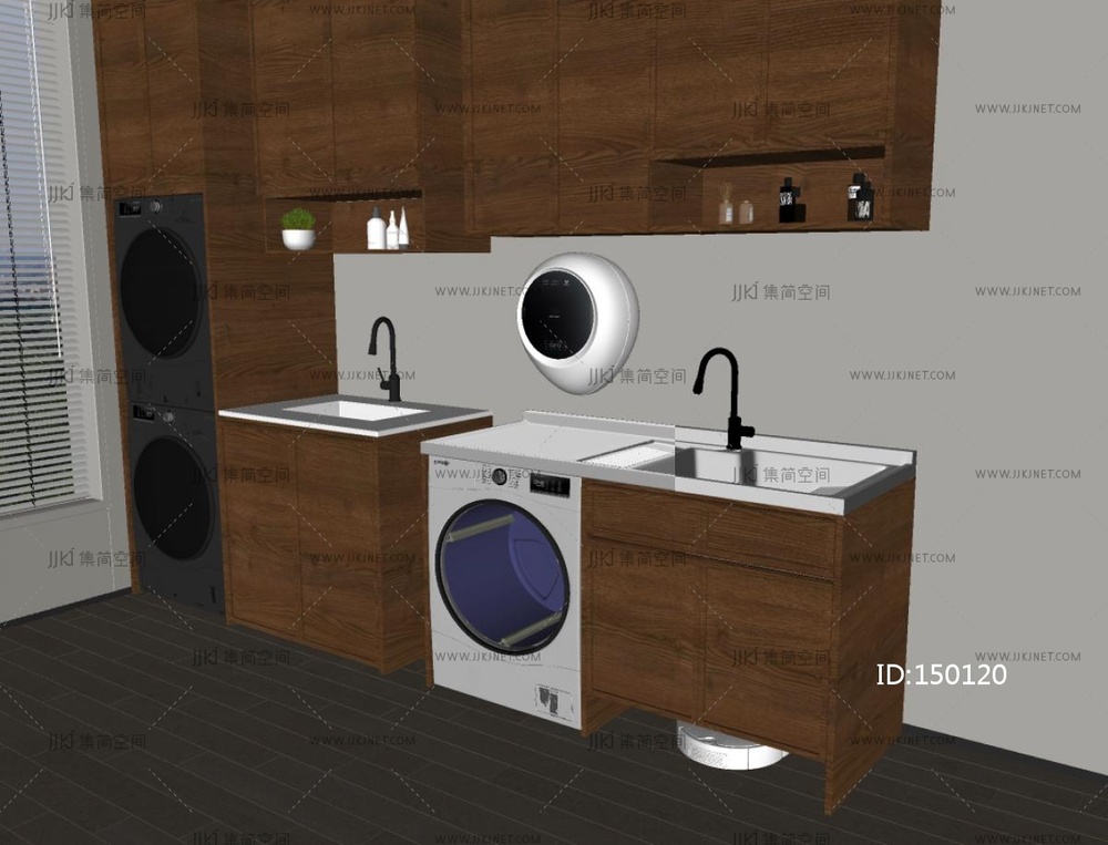 中古洗衣机柜_中古风洗衣机柜_阳台柜洗手台_洗衣机烘干机SU模型